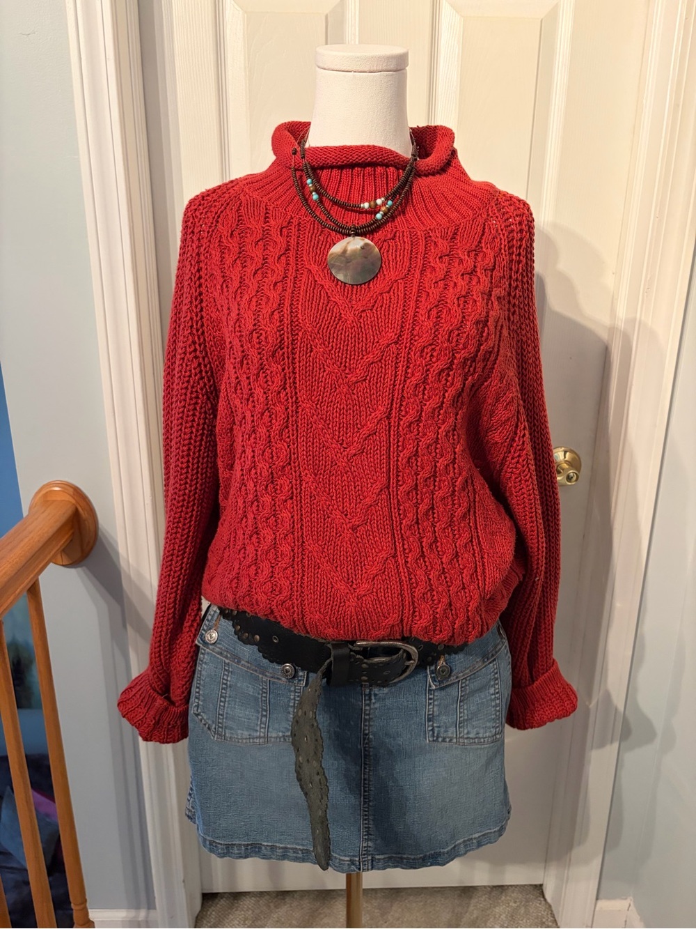 Womenβs Red Cable Turtleneck Sweater - Classic Knit